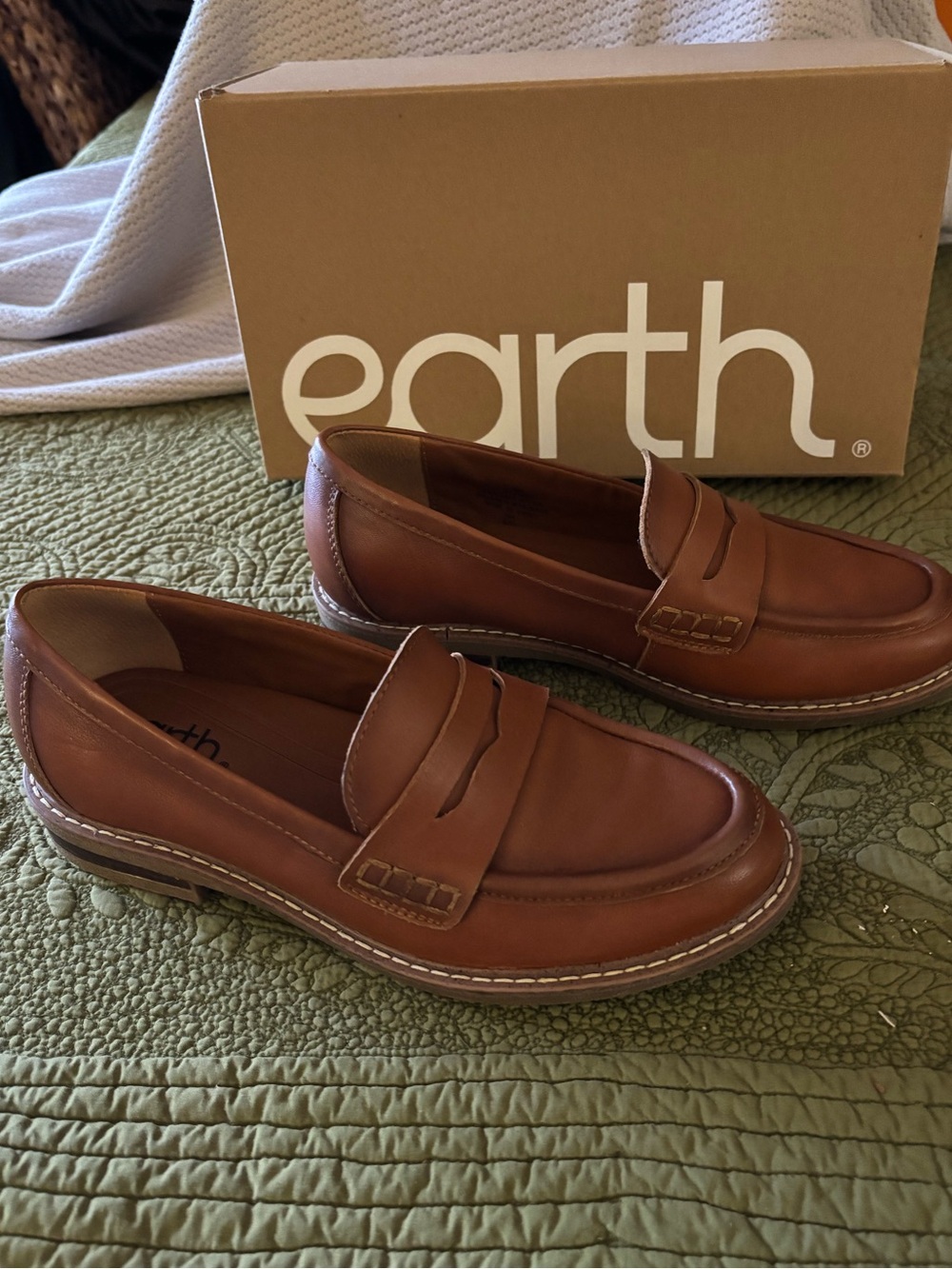 Earth Brown Leather Penny Loafers for Women